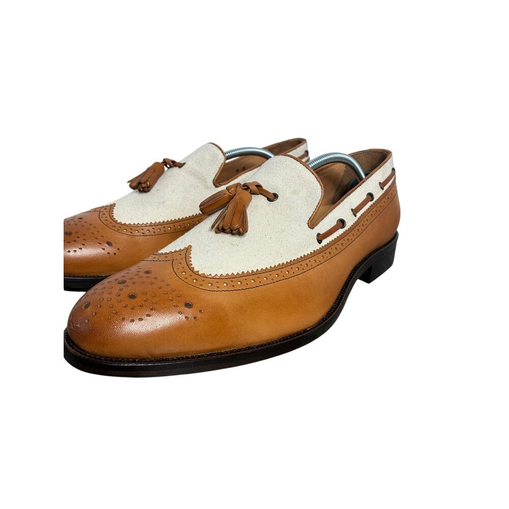 Paul Frederick Men's Size 9M Two Tone Leather Canvas Italian Tasseled Loafer - Picture 4 of 14